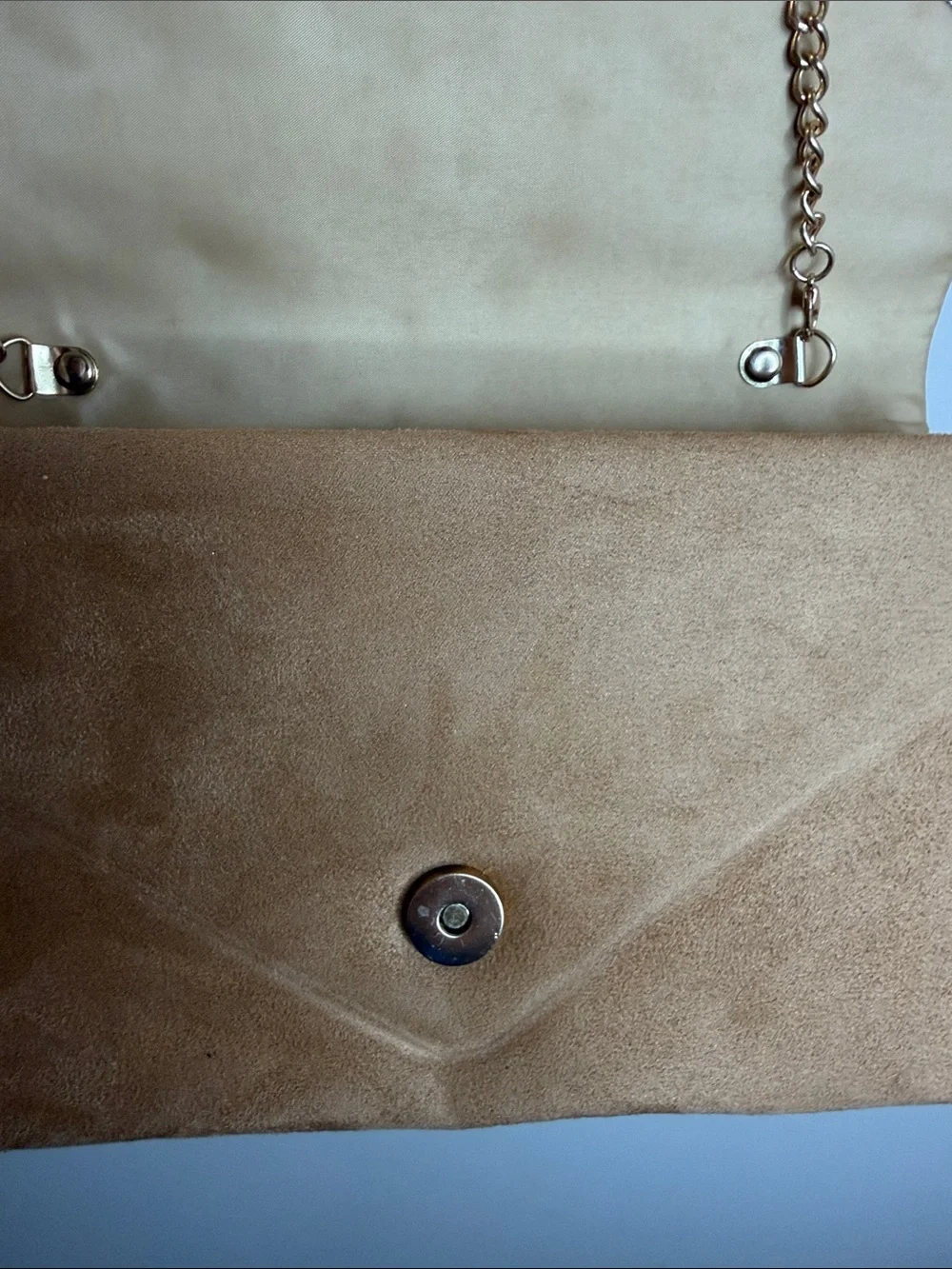 Suede Envelope Wristlet Clutch with Gold Chain - Tan